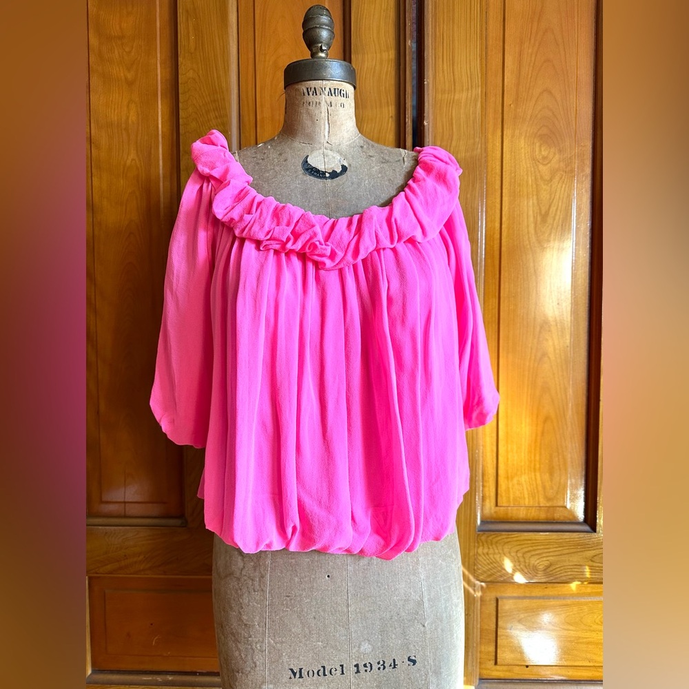 Sophy Curson hot pink chiffon silk scoop neck blouson top bust 34 m fully lined